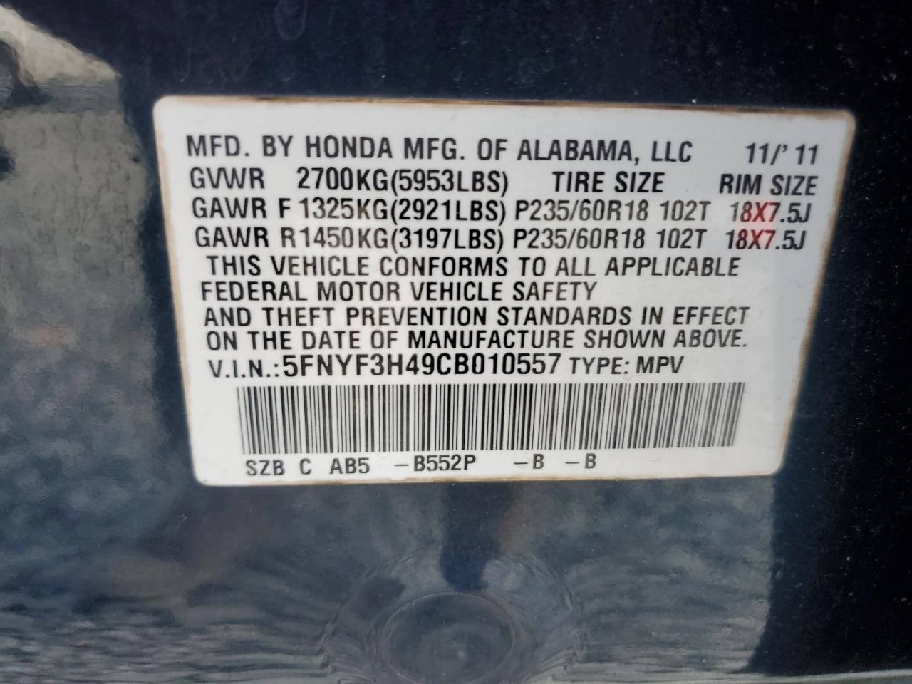 2012 Honda Pilot VIN 5FNYF3H49CB010557 Copart auction photo, all over / undercarriage damage thumbnail 15