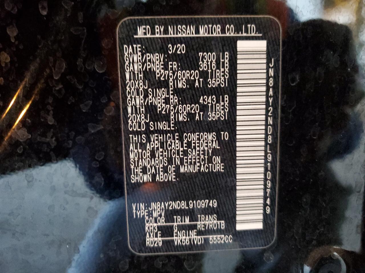 2020 Nissan Armada VIN JN8AY2ND8L9109749 Copart auction photo, front end / side damage thumbnail 13