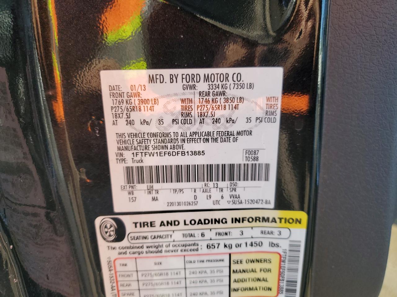 2013 Ford F-150 VIN 1FTFW1EF6DFB13885 Copart auction photo, front end / side damage thumbnail 12