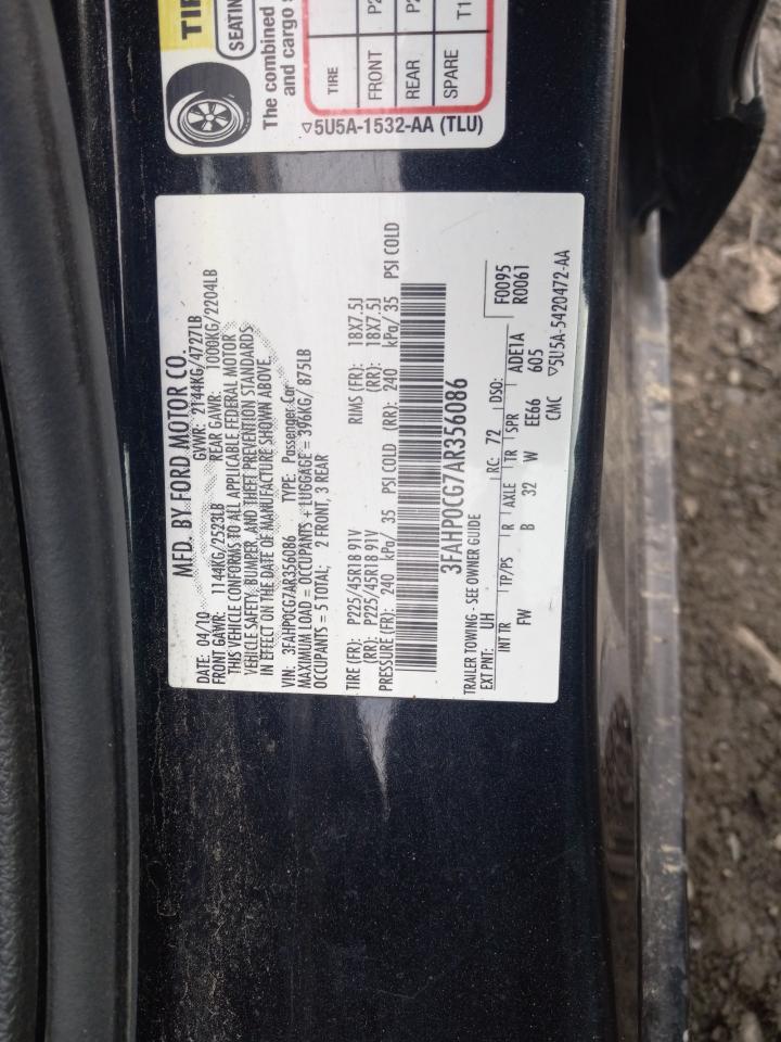 2010 Ford Fusion VIN 3FAHP0CG7AR356086 Copart auction photo, front end damage thumbnail 12