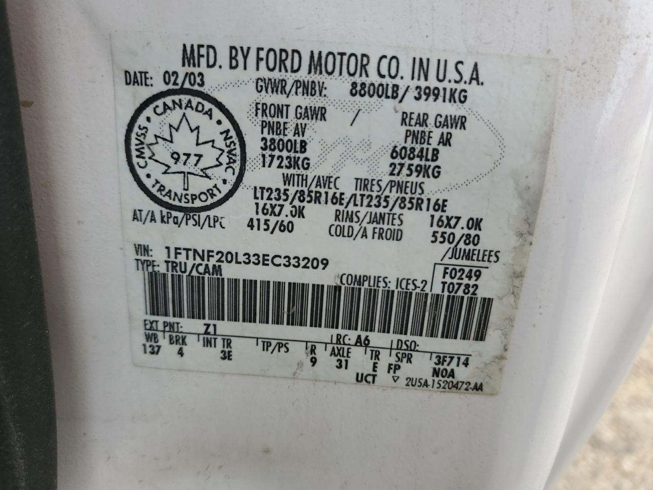 2003 Ford F250 VIN 1FTNF20L33EC33209 Copart auction photo, vandalism / side damage thumbnail 12