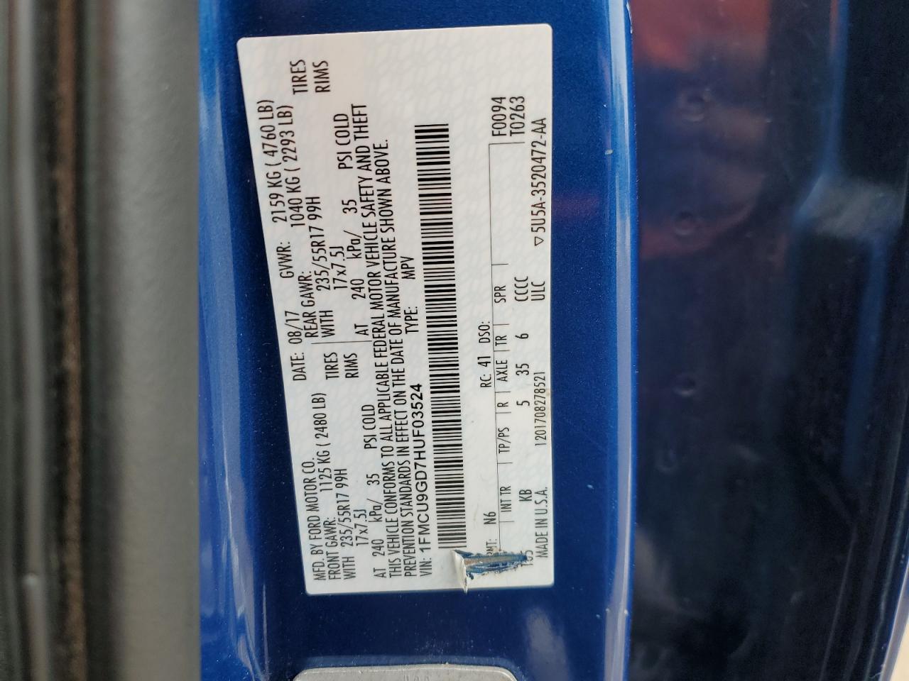 2017 Ford Escape VIN 1FMCU9GD7HUF03524 Copart auction photo, front end damage thumbnail 13