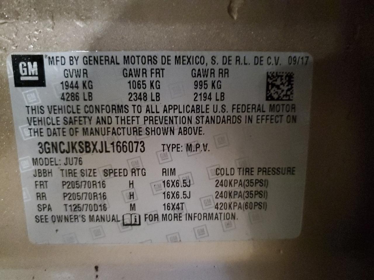 2018 Chevrolet Trax VIN 3GNCJKSBXJL166073 Copart auction photo, side / mechanical damage thumbnail 13
