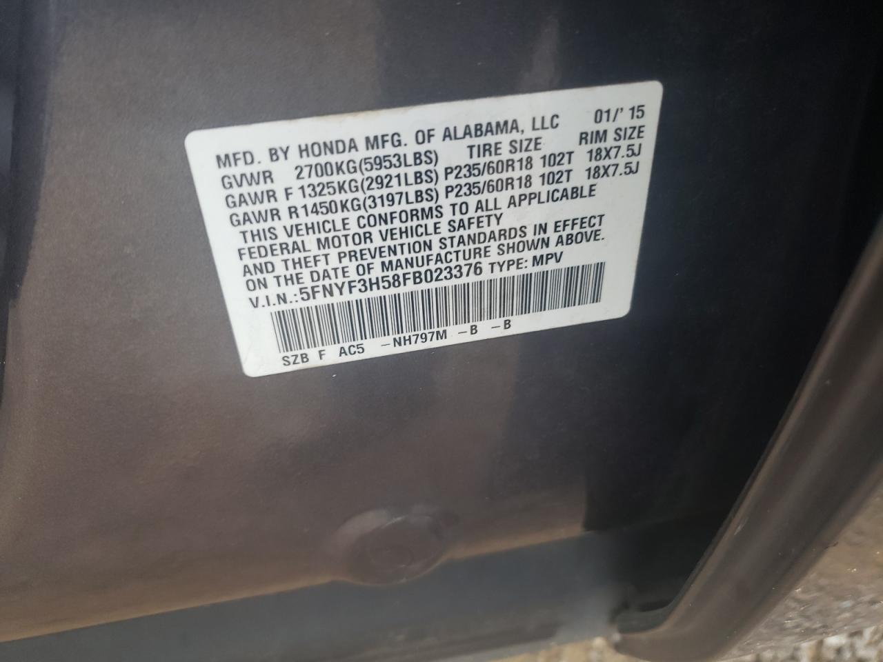 2015 Honda Pilot VIN 5FNYF3H58FB023376 Copart auction photo, front end / side damage thumbnail 14