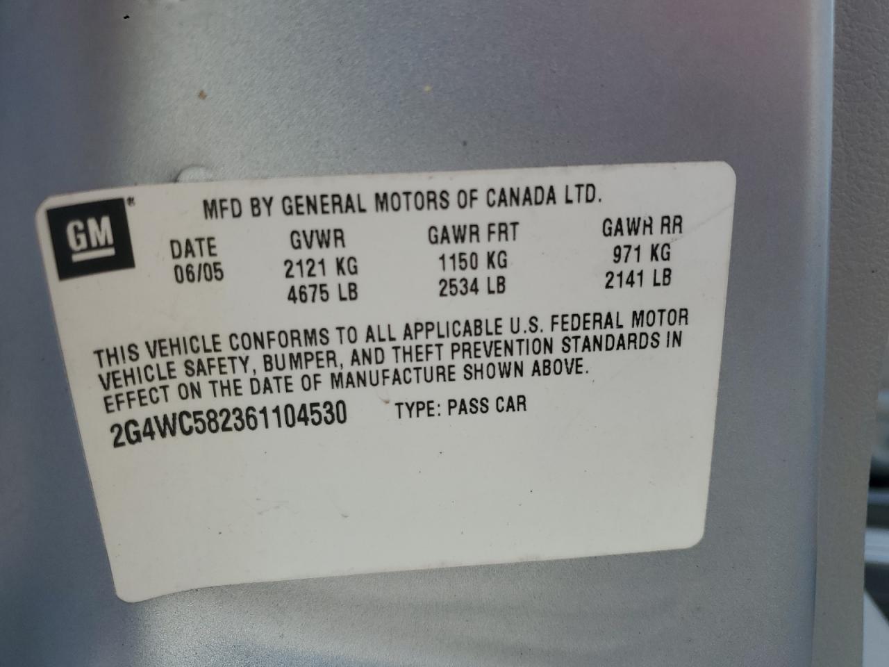 2006 Buick LaCrosse VIN 2G4WC582361104530 Copart auction photo, side / front end damage thumbnail 14