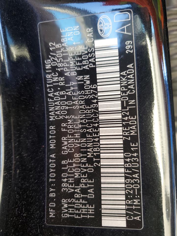 2012 Toyota Corolla VIN 2T1BU4EE4CC794276 Copart auction photo, rear end / front end damage thumbnail 12