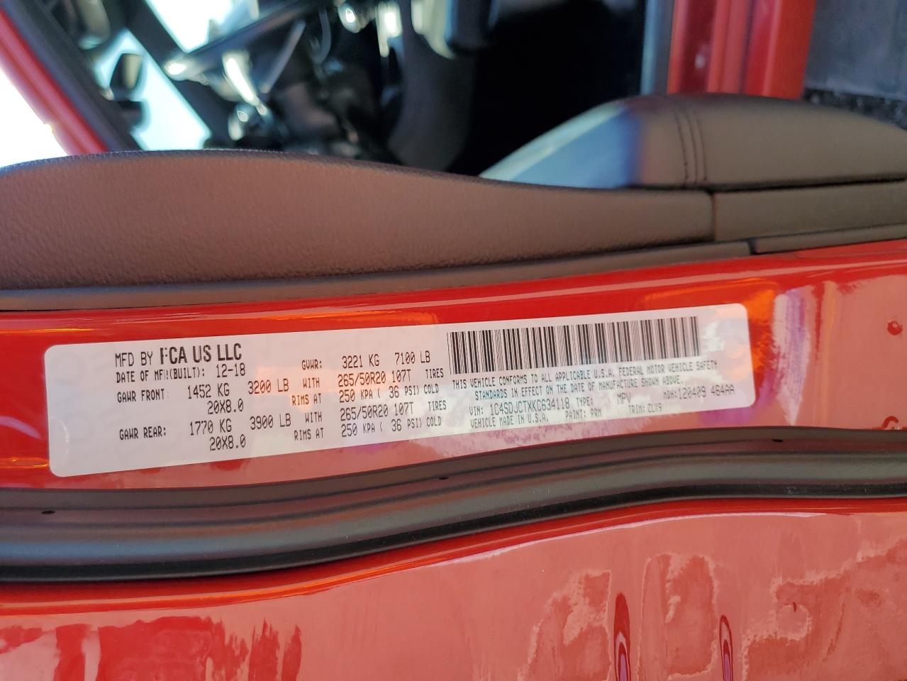 2019 Dodge Durango VIN 1C4SDJCTXKC634118 Copart auction photo, rear end / front end damage thumbnail 14