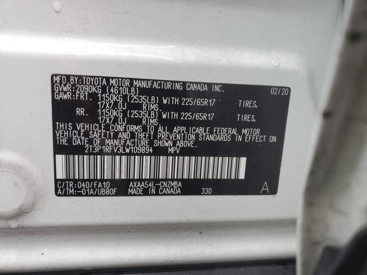 2020 Toyota RAV 4 VIN 2T3P1RFV3LW109894 Copart auction photo, front end damage thumbnail 13
