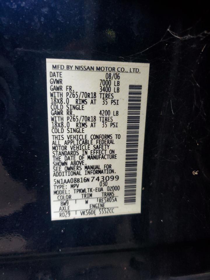 2006 Nissan Armada VIN 5N1AA08B16N743099 Copart auction photo, front end damage thumbnail 15