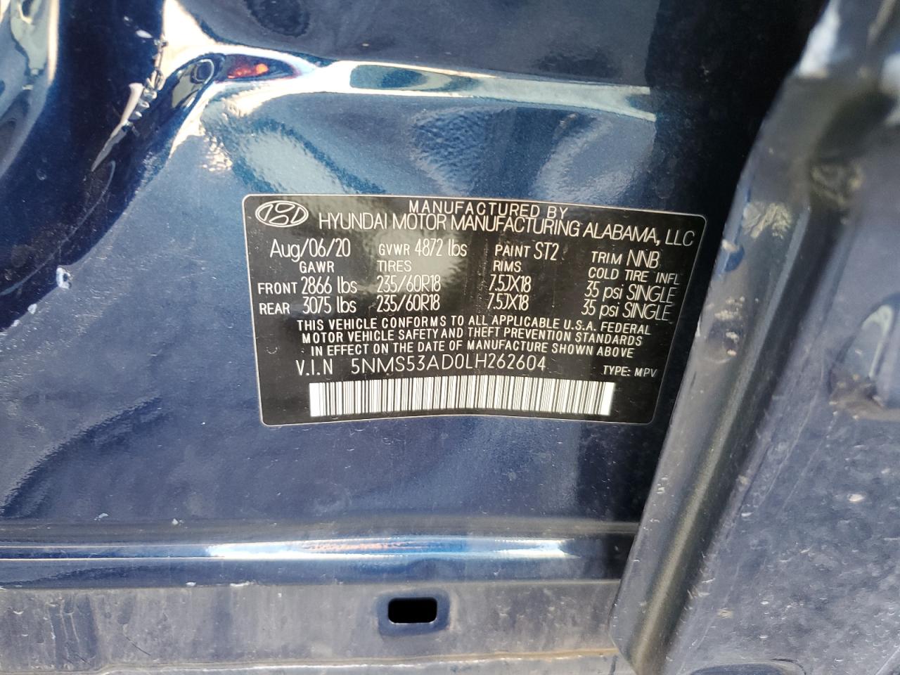 2020 Hyundai Santa Fe VIN 5NMS53AD0LH262604 Copart auction photo, side damage thumbnail 15