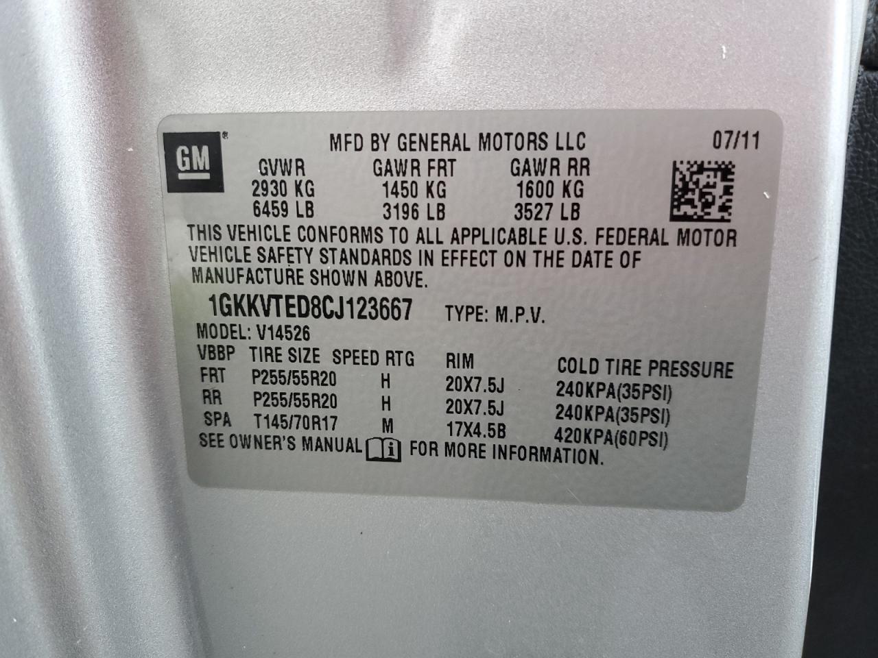 2012 GMC Acadia VIN 1GKKVTED8CJ123667 Copart auction photo, mechanical / minor dent/scratches damage thumbnail 14