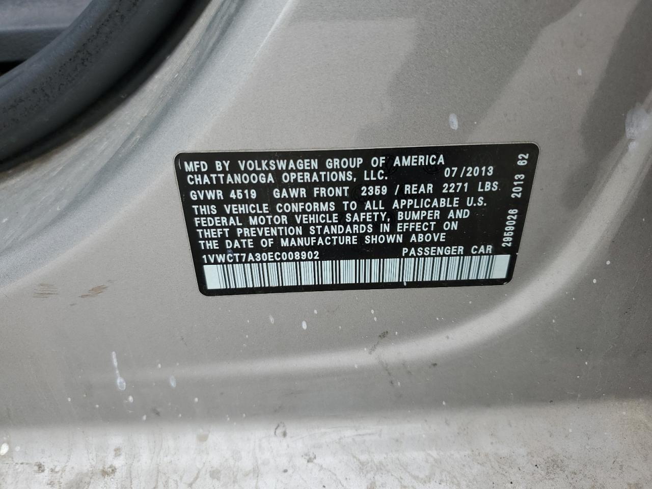 2014 Volkswagen Passat VIN 1VWCT7A30EC008902 Copart auction photo, minor dent/scratches damage thumbnail 12