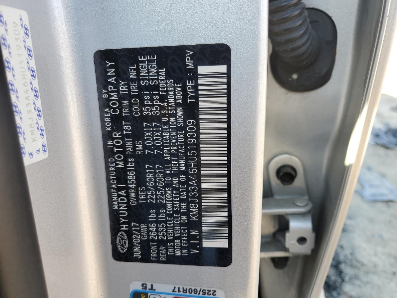 2017 Hyundai Tucson VIN KM8J33A46HU519309 Copart auction photo, front end damage thumbnail 13