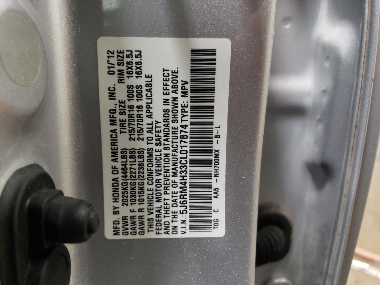2012 Honda CR-V VIN 5J6RM4H33CL017874 Copart auction photo, front end / side damage thumbnail 12
