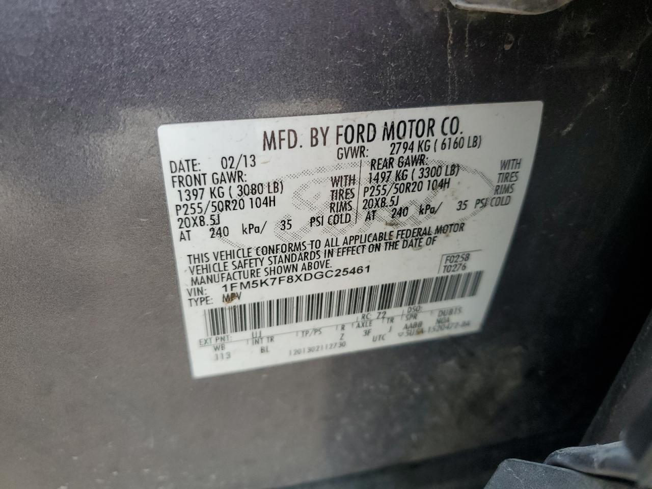 2013 Ford Explorer VIN 1FM5K7F8XDGC25461 Copart auction photo, side damage thumbnail 13