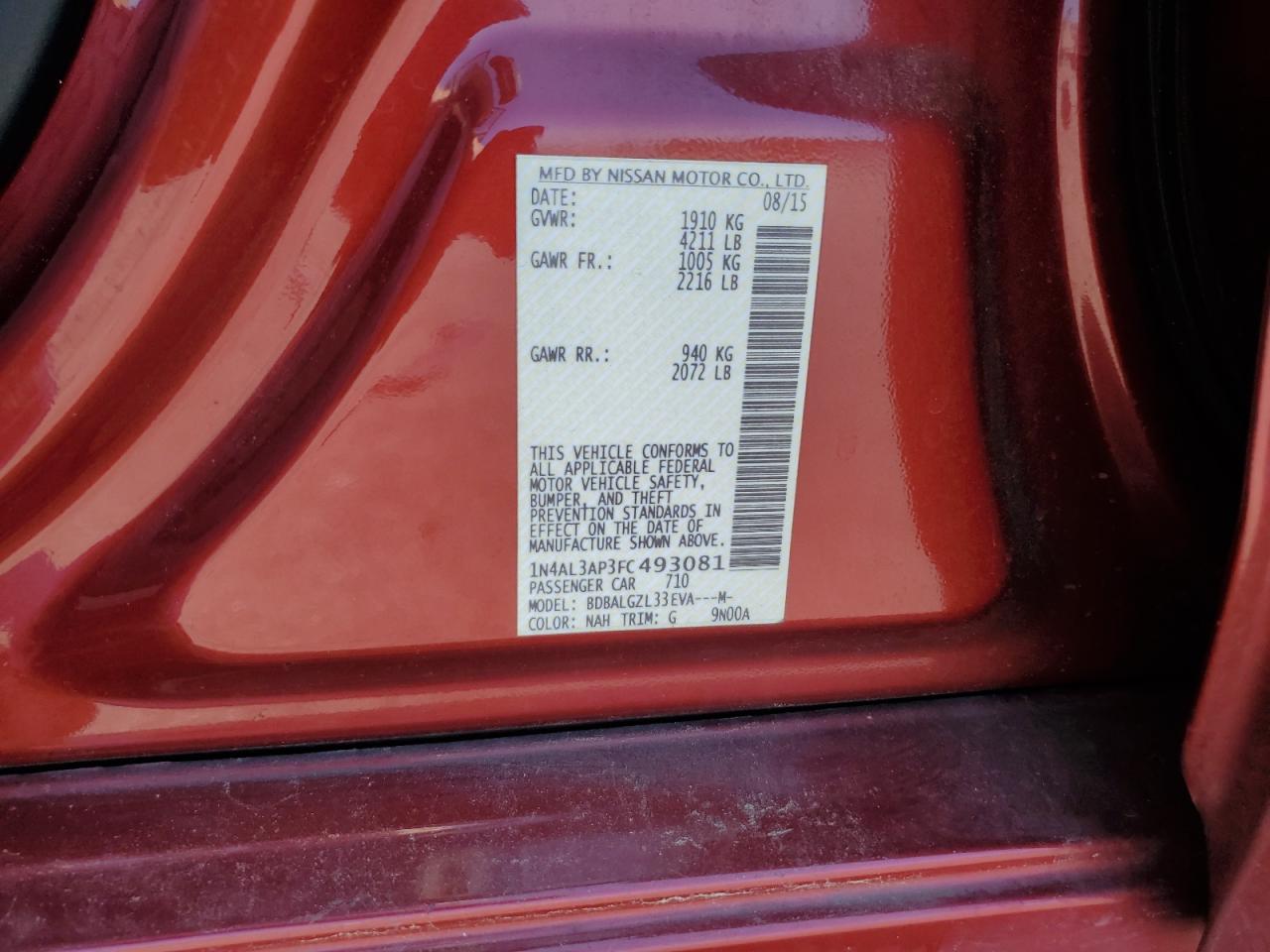 2015 Nissan Altima VIN 1N4AL3AP3FC493081 Copart auction photo, side damage thumbnail 12