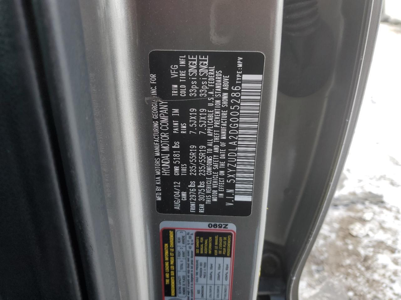 2013 Hyundai Santa Fe VIN 5XYZUDLA2DG005286 Copart auction photo, front end / side damage thumbnail 12