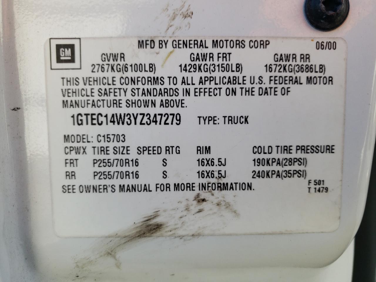2000 GMC Sierra VIN 1GTEC14W3YZ347279 Copart auction photo, side / front end damage thumbnail 12