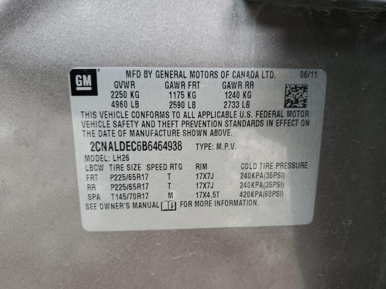2011 Chevrolet Equinox VIN 2CNALDEC6B6464938 Copart auction photo, side damage thumbnail 13