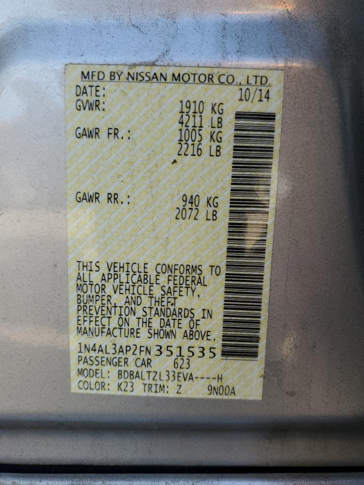 2015 Nissan Altima VIN 1N4AL3AP2FN351535 Copart auction photo, front end / minor dent/scratches damage thumbnail 14