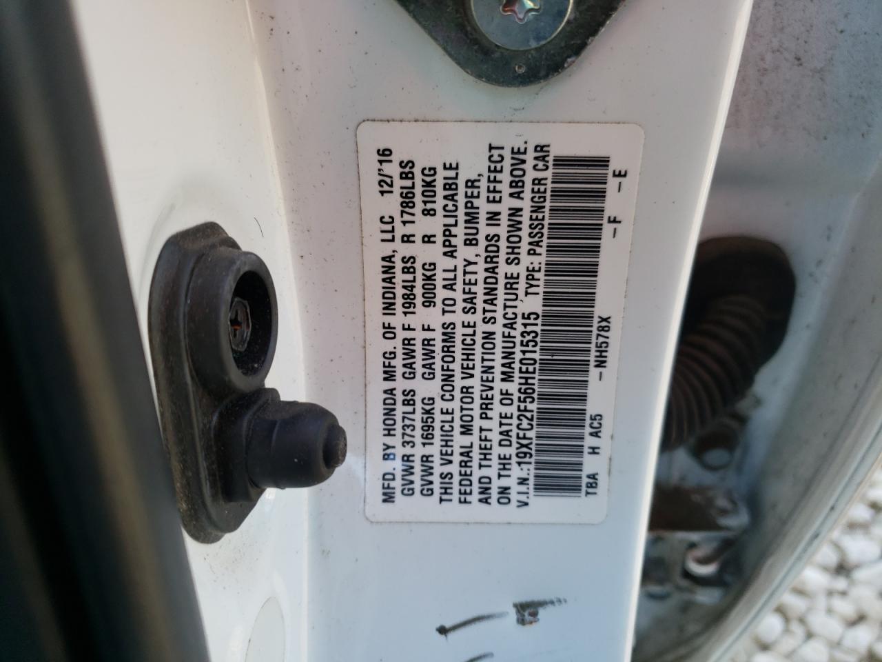 2017 Honda Civic VIN 19XFC2F56HE015315 Copart auction photo, front end damage thumbnail 15