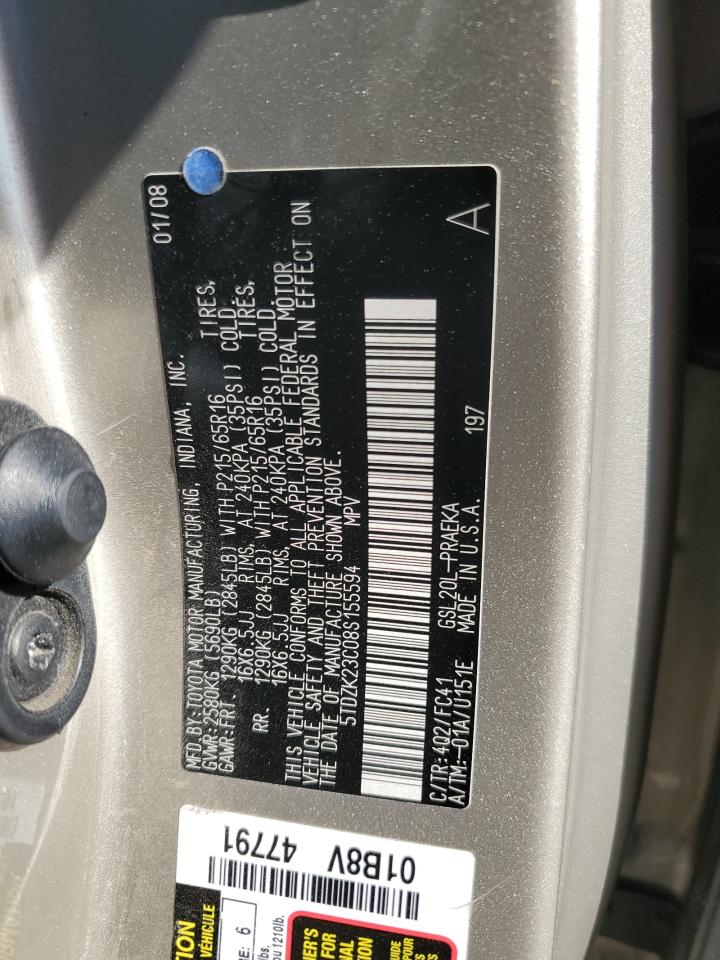 2008 Toyota Sienna VIN 5TDZK23C08S155594 Copart auction photo, front end / side damage thumbnail 15