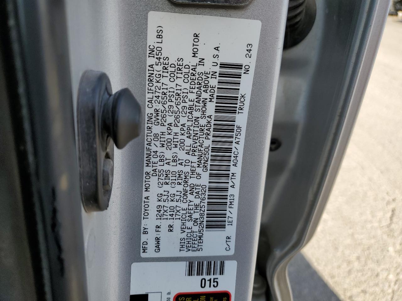 2008 Toyota Tacoma VIN 5TEMU52N38Z576320 Copart auction photo, side damage thumbnail 12