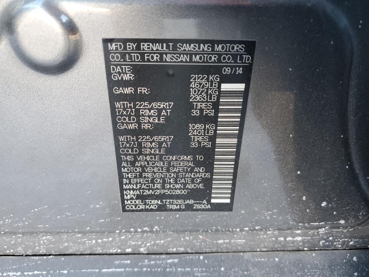 2015 Nissan Rogue VIN KNMAT2MV2FP502800 Copart auction photo, front end / minor dent/scratches damage thumbnail 15