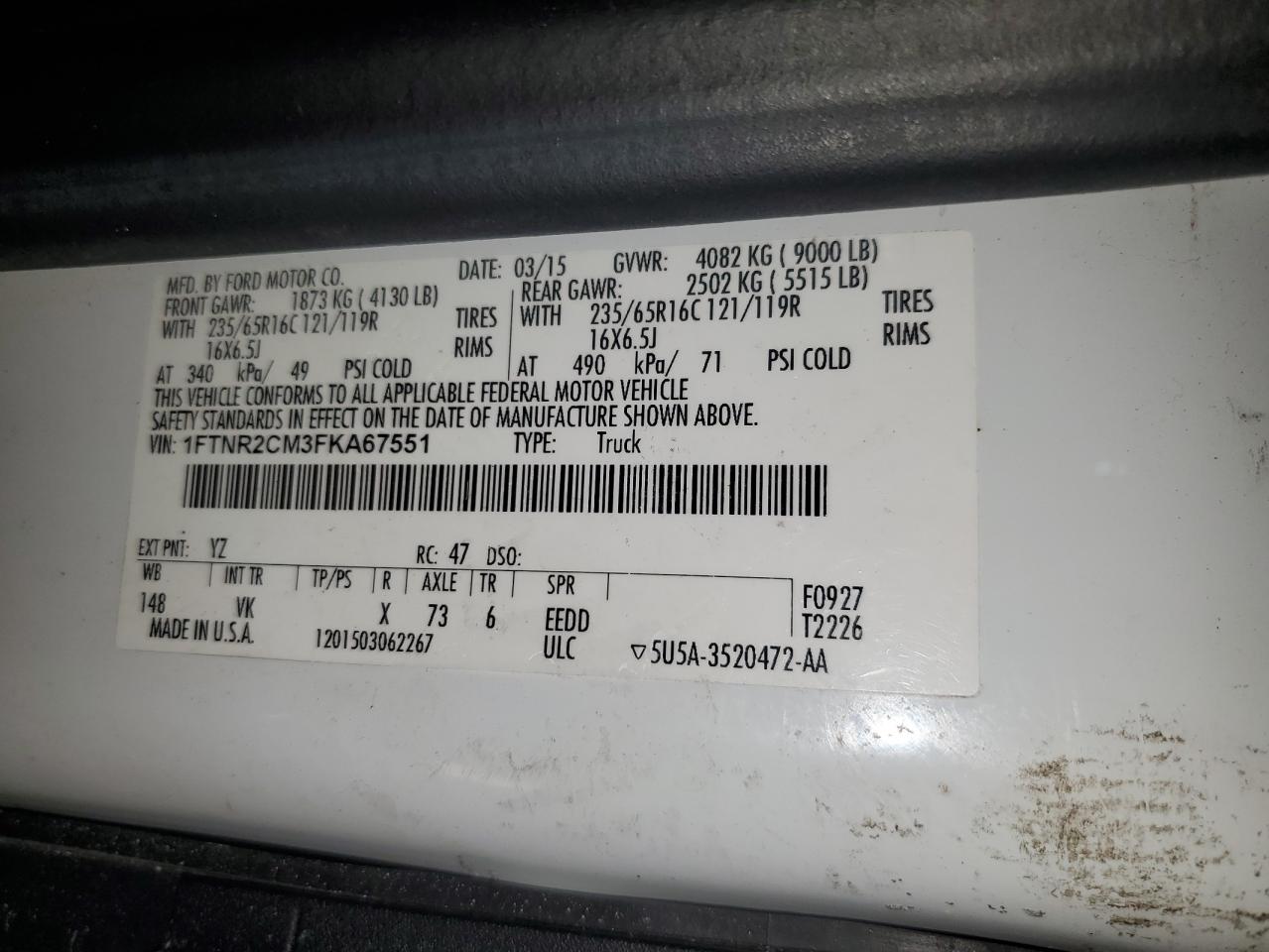2015 Ford Transit VIN 1FTNR2CM3FKA67551 Copart auction photo, front end / minor dent/scratches damage thumbnail 14