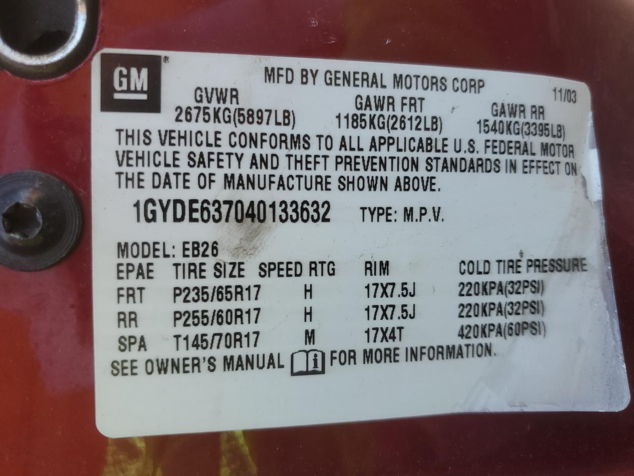 2004 Cadillac SRX VIN 1GYDE637040133632 Copart auction photo, side / rear end damage thumbnail 13