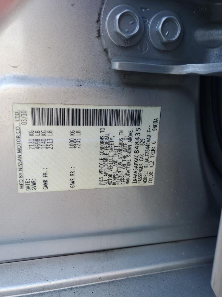 2010 Nissan Maxima VIN 1N4AA5APXAC848435 Copart auction photo, front end / side damage thumbnail 12