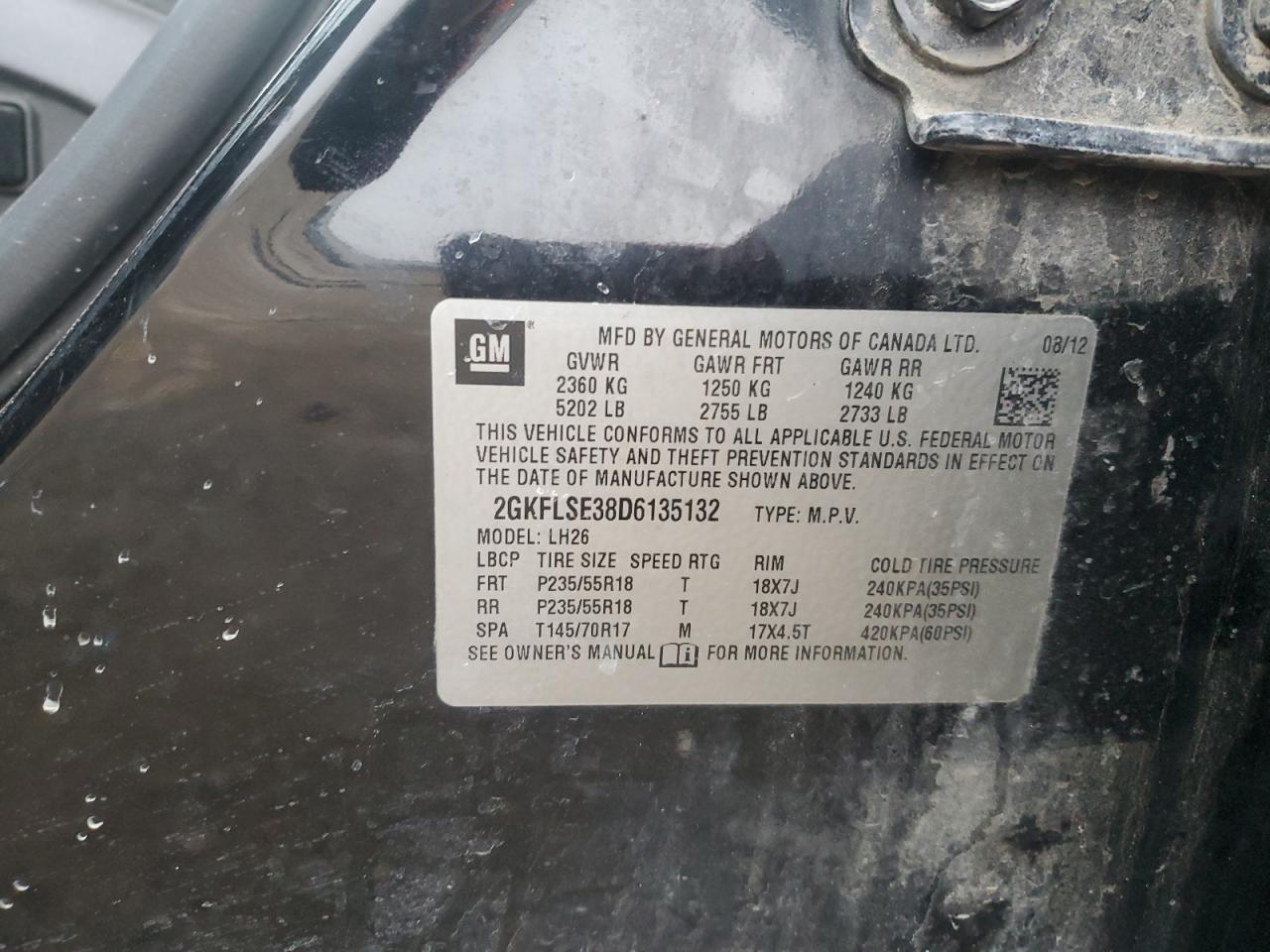 2013 GMC Terrain VIN 2GKFLSE38D6135132 Copart auction photo, front end damage thumbnail 14