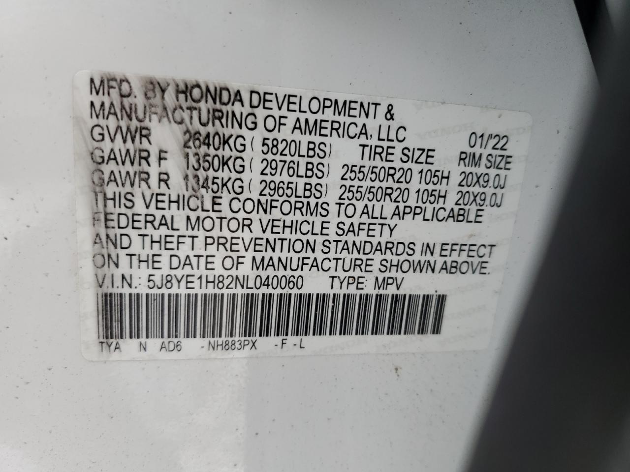 2022 Acura MDX VIN 5J8YE1H82NL040060 Copart auction photo, front end / minor dent/scratches damage thumbnail 13