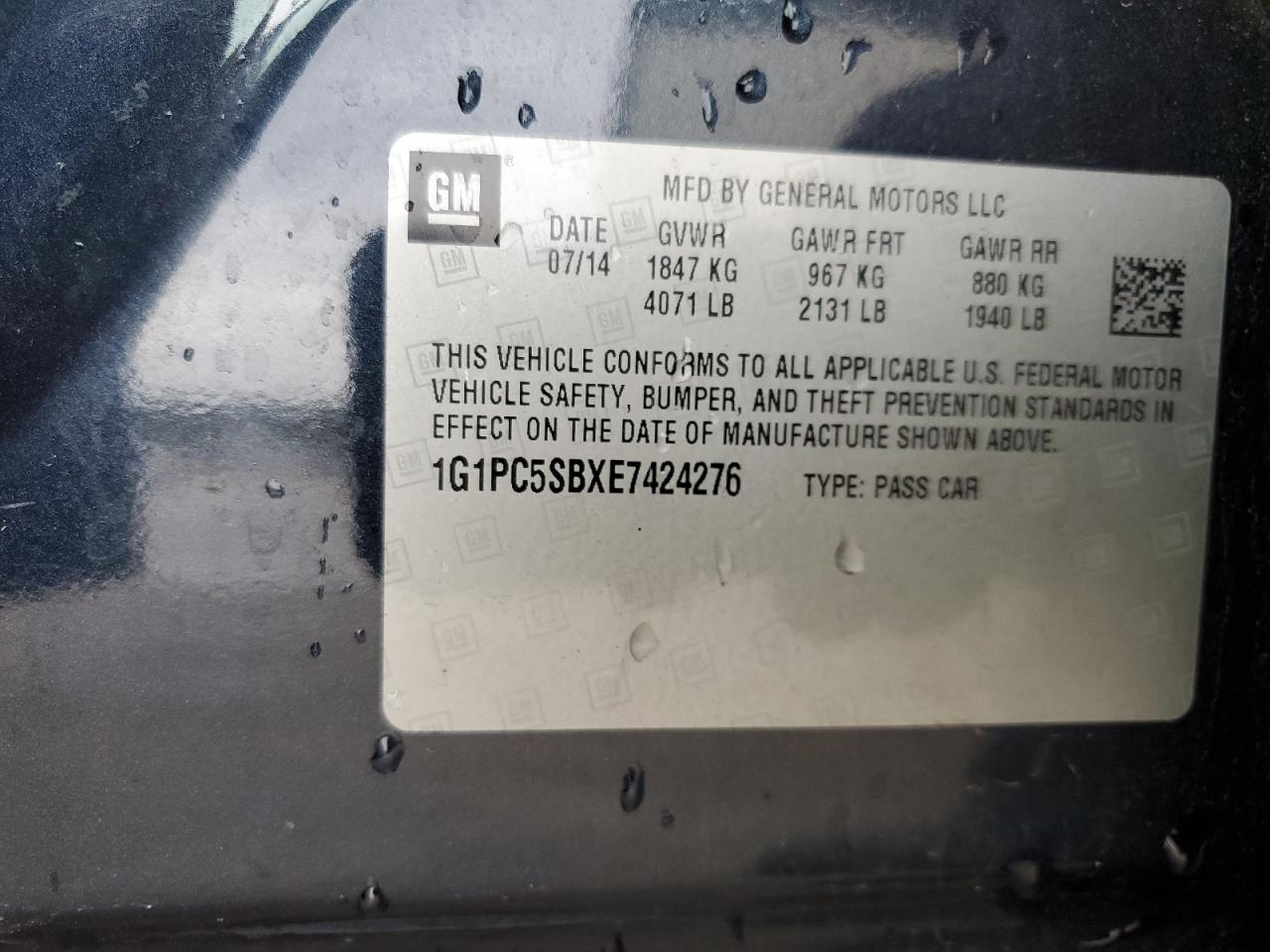 2014 Chevrolet Cruze VIN 1G1PC5SBXE7424276 Copart auction photo, side damage thumbnail 14