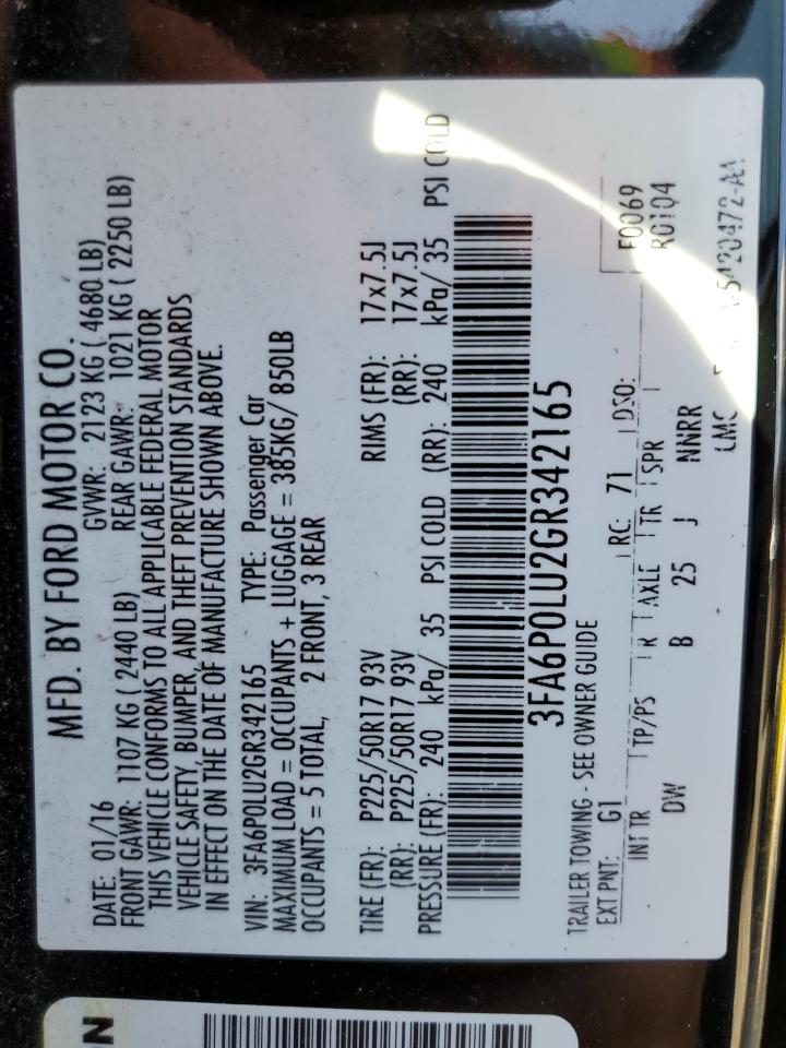 2016 Ford Fusion VIN 3FA6P0LU2GR342165 Copart auction photo, front end damage thumbnail 12