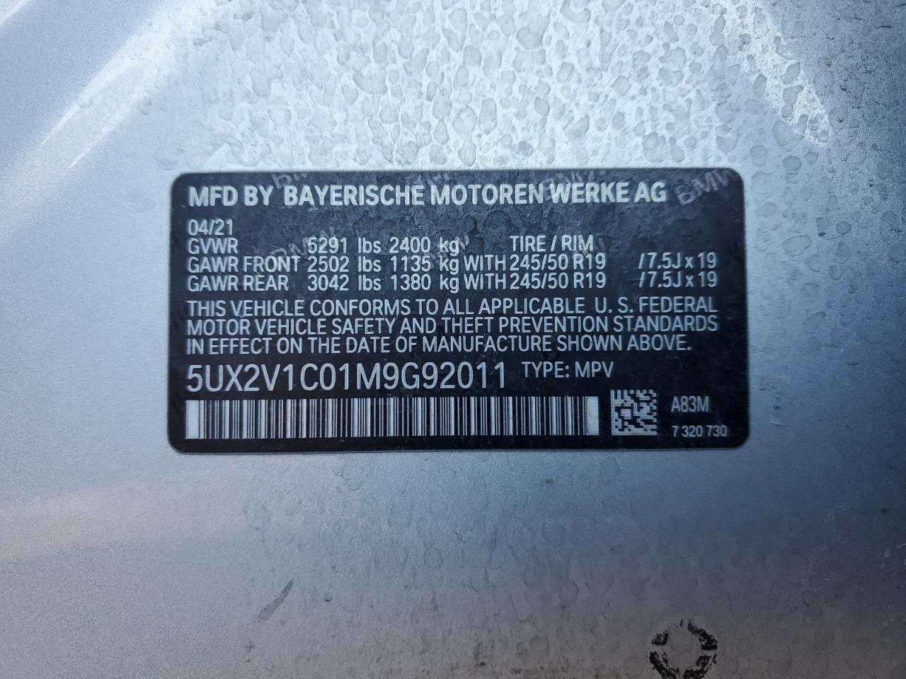 2021 BMW X4 VIN 5UX2V1C01M9G92011 Copart auction photo, front end damage thumbnail 14