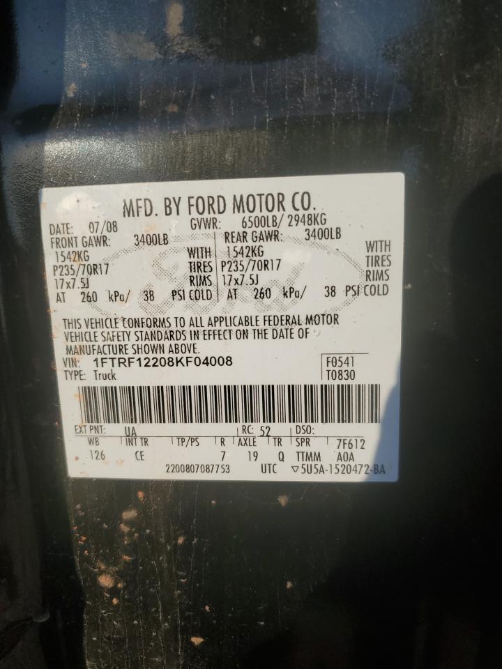 2008 Ford F-150 VIN 1FTRF12208KF04008 Copart auction photo, front end / all over damage thumbnail 12
