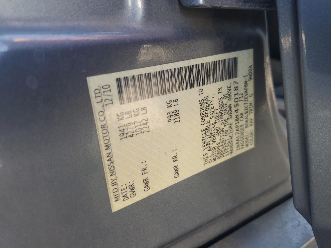 2011 Nissan Altima VIN 1N4AL2AP1BN450187 Copart auction photo, rear end damage thumbnail 12