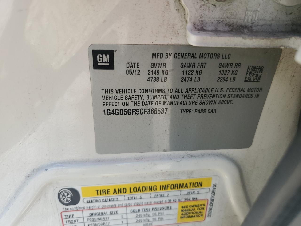 2012 Buick LaCrosse VIN 1G4GD5GR5CF366537 Copart auction photo, front end damage thumbnail 12