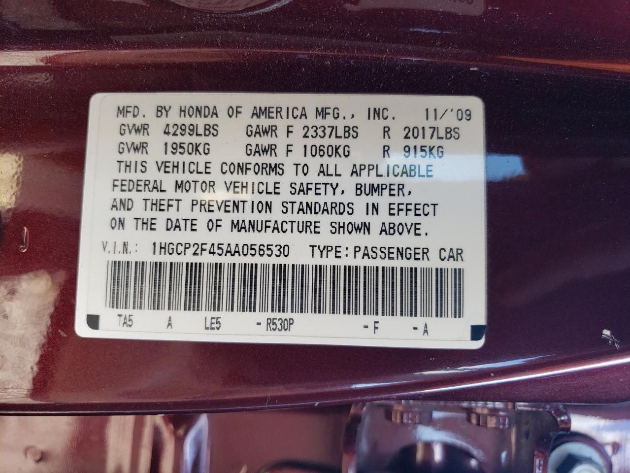 2010 Honda Accord VIN 1HGCP2F45AA056530 Copart auction photo, front end damage thumbnail 13