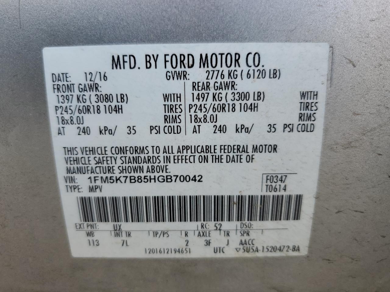 2017 Ford Explorer VIN 1FM5K7B85HGB70042 Copart auction photo, frame damage damage thumbnail 13
