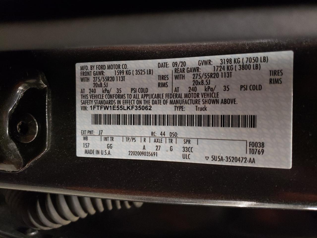 2020 Ford F-150 VIN 1FTFW1E55LKF35062 Copart auction photo, front end / side damage thumbnail 14