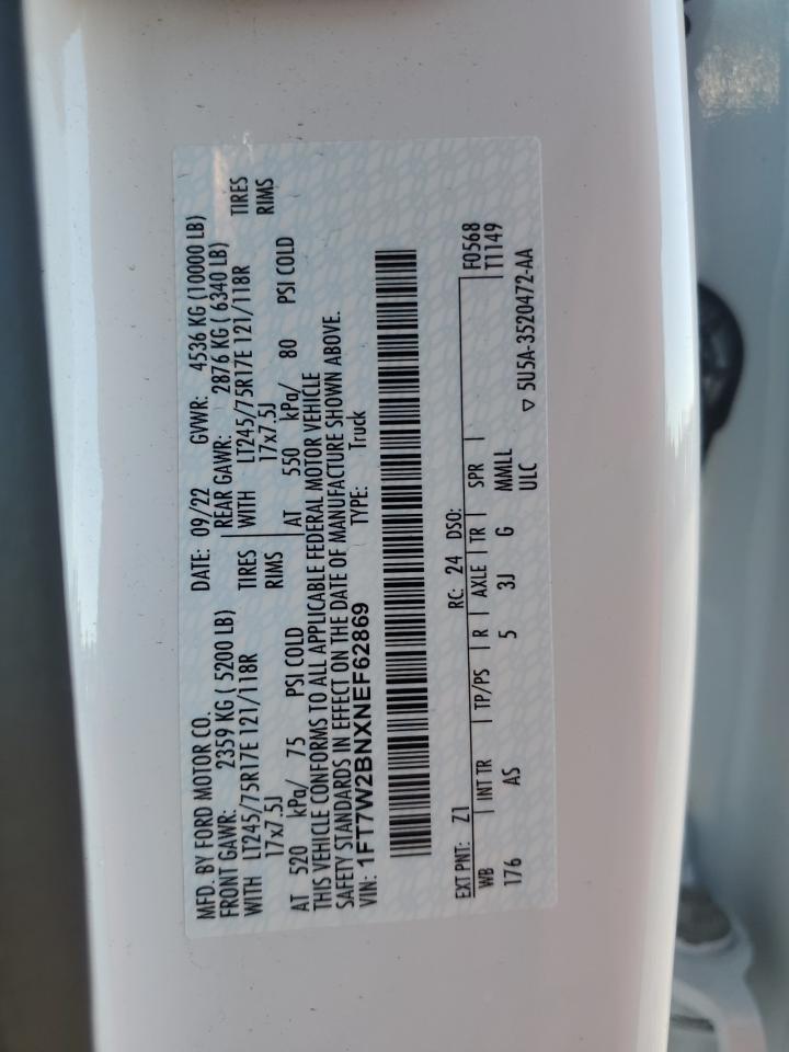 2022 Ford F250 VIN 1FT7W2BNXNEF62869 Copart auction photo, water/flood damage thumbnail 13