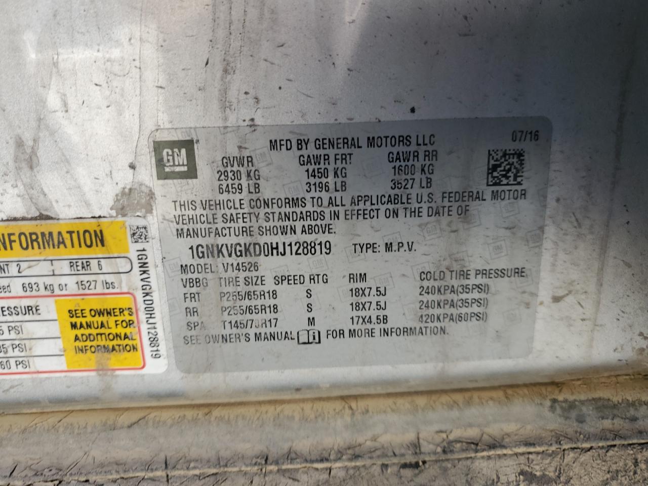 2017 Chevrolet Traverse VIN 1GNKVGKD0HJ128819 Copart auction photo, water/flood damage thumbnail 14