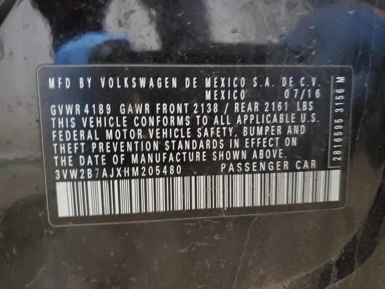 2017 Volkswagen Jetta VIN 3VW2B7AJXHM205480 Copart auction photo, front end / undercarriage damage thumbnail 12