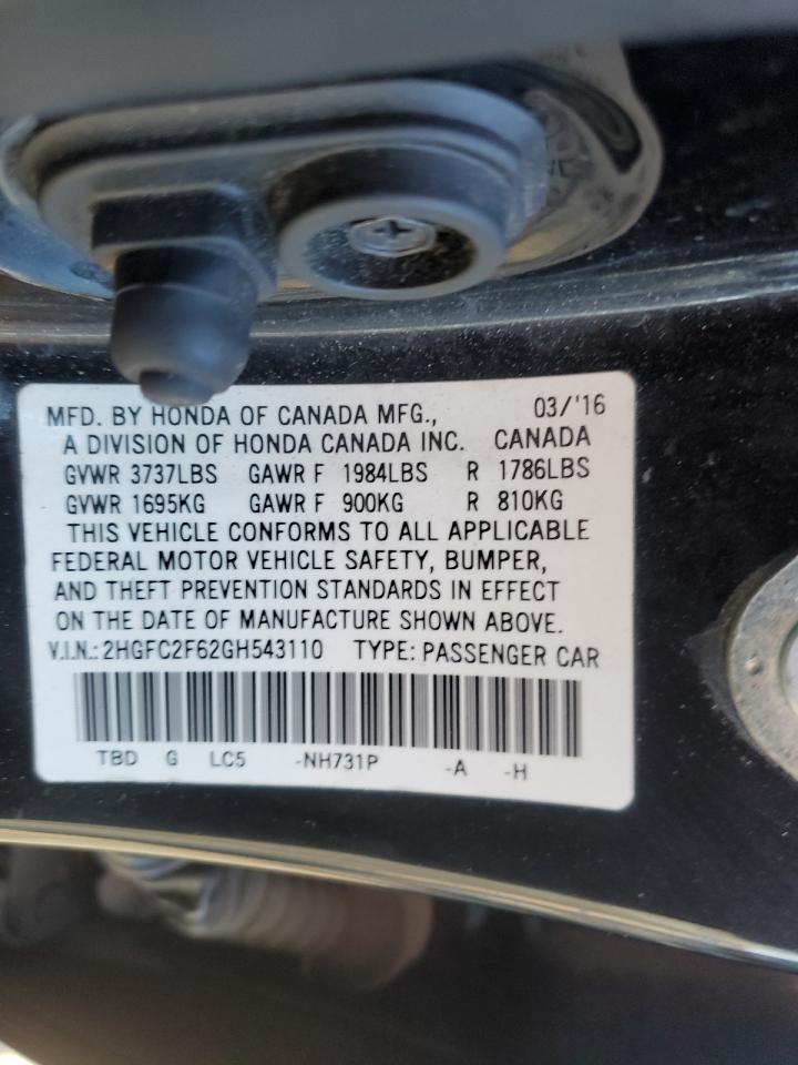 2016 Honda Civic VIN 2HGFC2F62GH543110 Copart auction photo, front end damage thumbnail 12