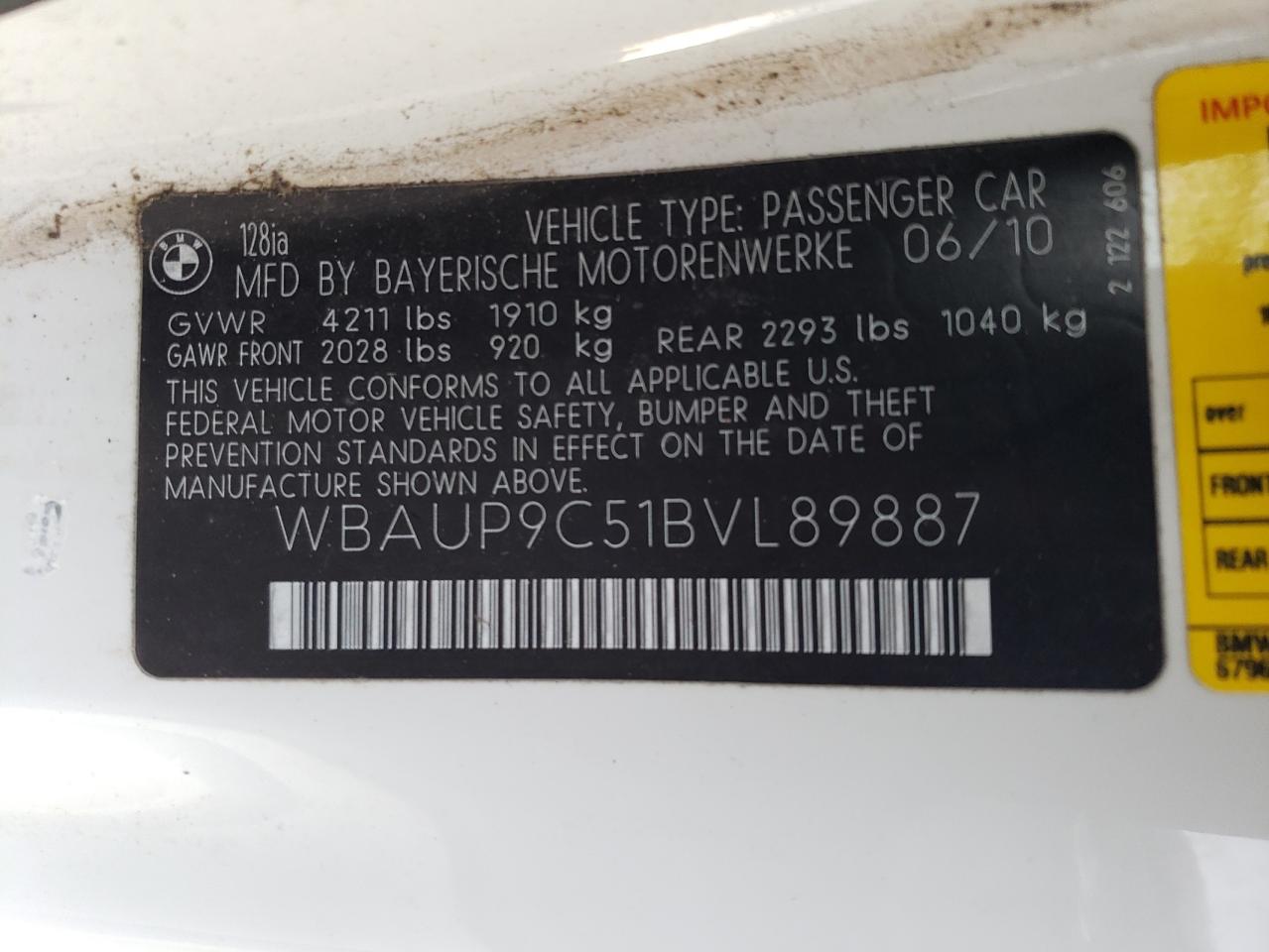 2011 BMW 1er VIN WBAUP9C51BVL89887 Copart auction photo, rear end damage thumbnail 14