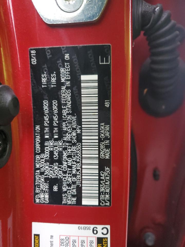 2018 Toyota 4Runner VIN JTEBU5JR8J5568360 Copart auction photo, top/roof / minor dent/scratches damage thumbnail 13