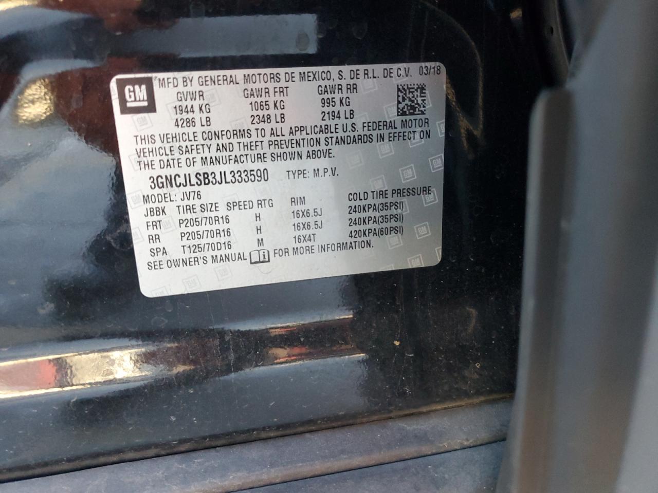 2018 Chevrolet Trax VIN 3GNCJLSB3JL333590 Copart auction photo, front end / side damage thumbnail 14