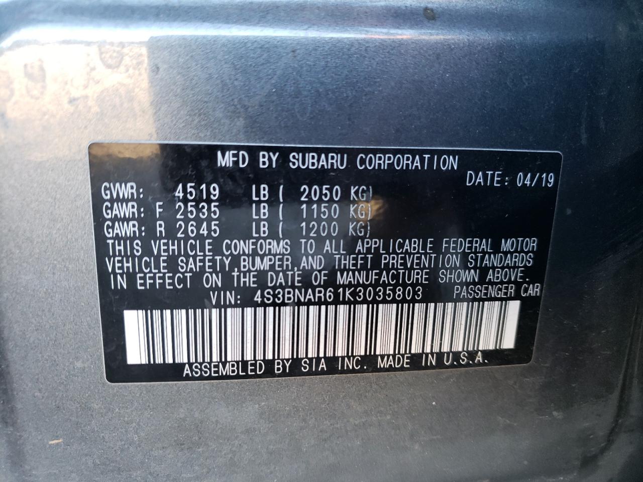 2019 Subaru Legacy VIN 4S3BNAR61K3035803 Copart auction photo, front end damage thumbnail 12